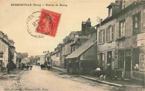 AK / Ansichtskarte Bourneville BERNAY 27 Eure Entrée-du-Bourg Tabac Hauptstrasse Pferde Geschaefte Hunde Passanten