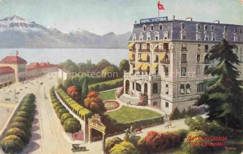 AK / Ansichtskarte MONTREUX  VD Hotel-Victoria See Alpen Promenade Kutsche Auto Fahnen
