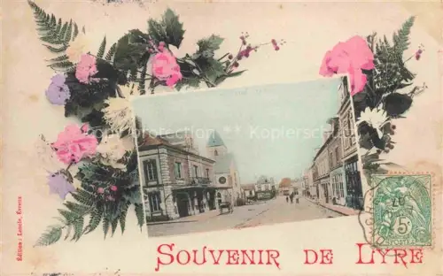 AK / Ansichtskarte La Neuve-Lyre EVREUX 27 Eure Souvenir-de-Lyre Kirche Marktplatz Blumenrahmen Handkoloriert Strassenszene