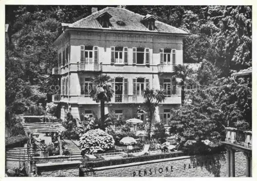 AK / Ansichtskarte LOCARNO Lago Maggiore TI Hotel-Pension-Palmiera Villa Garten Palmen Terrasse Sonnenschirme