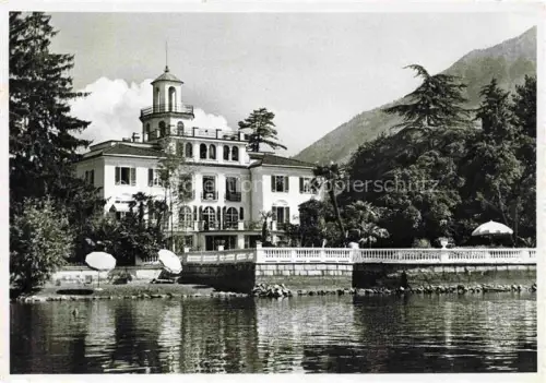 AK / Ansichtskarte Melide Lago di Lugano TI La-Romantica Hotel Luganersee Villa Turm Palmen Berge Seeufer