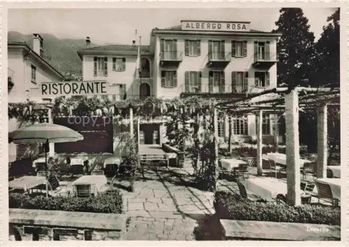 AK / Ansichtskarte LOCARNO Lago Maggiore TI Albergo-Rosa Ristorante Seegarten Hotel Terrasse Pergola Sonnenschirme Berge