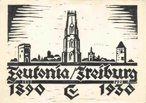 AK / Ansichtskarte Freiburg Fribourg FR Teutonia Kathedrale Studentenverbindung Silhouette Holzschnitt Turm Jubilaeumskarte