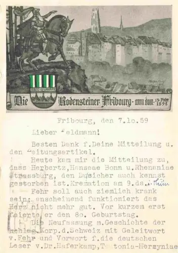 AK / Ansichtskarte Freiburg Fribourg FR Rodensteiner Reiter-Illustration Stadtansicht Altstadt Kirche Stadtmauer Wappen Historisch