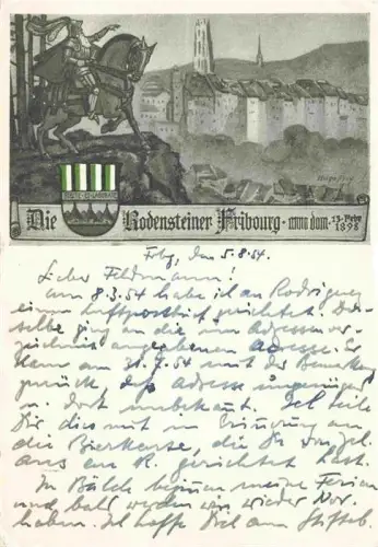 AK / Ansichtskarte Freiburg Fribourg FR Rodensteiner Reiter-Illustration Stadtansicht Altstadt Kirche Stadtmauer Wappen Historisch