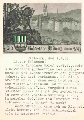 AK / Ansichtskarte Freiburg Fribourg FR Rodensteiner Reiter-Illustration Stadtansicht Altstadt Kirche Stadtmauer Wappen Historisch