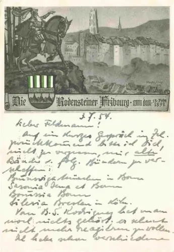 AK / Ansichtskarte Freiburg Fribourg FR Rodensteiner Reiter-Illustration Stadtansicht Altstadt Kirche Stadtmauer Wappen Historisch