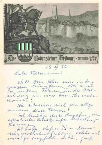 AK / Ansichtskarte Freiburg Fribourg FR Rodensteiner Reiter-Illustration Stadtansicht Altstadt Kirche Stadtmauer Wappen Historisch