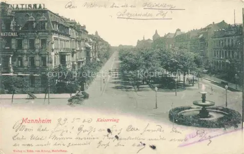AK / Ansichtskarte MANNHEIM BW Kaiserring Prachtstrasse Brunnen Hotel-National Baeume Strassenlaternen
