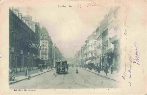 AK / Ansichtskarte LILLE 59 Nord Rue-Nationale Strassenbahn Passanten Geschaefte Kopfsteinpflaster