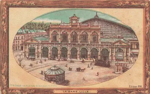AK / Ansichtskarte LILLE 59 Nord Gare Bahnhof Uhrenturm Glasdach Pferdekutschen Passanten Handkoloriert