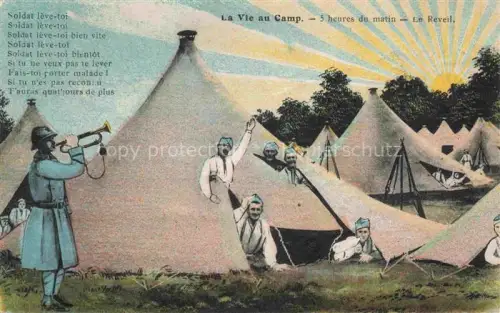 AK / Ansichtskarte Camp de Mourmelon 51 Marne La-Vie-au-Camp Le-Réveil Zelte Trompeter Soldaten Humor Morgenerweckung Sonne handkoloriert