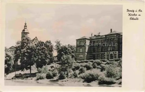 AK / Ansichtskarte Penig Kirche Schule Kirchturm Fluss Baeume Schulgebaeude