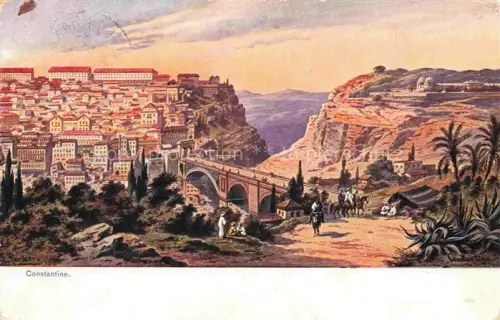 AK / Ansichtskarte CONSTANTINE Algerie Stadtpanorama Schlucht Bruecke Felsen Palmen Kamele Araber Kolonialstadt