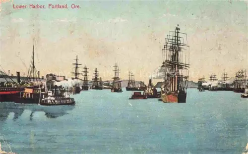AK / Ansichtskarte Portland Oregon USA Lower-Harbor Hafen Segelschiffe Dampfschiffe Masten Wasser