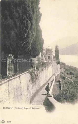 AK / Ansichtskarte Morcote Lago di Lugano TI Cimitero Friedhof Lago-di-Lugano Zypressen Mauer Mann Tor See