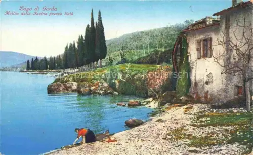 AK / Ansichtskarte SALO Lago di Garda IT Lago-di-Garda Molino-della-Favina Muehle Zypressen See Ufer Frau