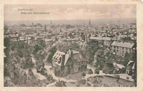 AK / Ansichtskarte DARMSTADT Hessen Hochzeitsturm Stadtpanorama Daecher Kirchturm Baeume Gruenderzeit-Villen Fliegeraufnahme