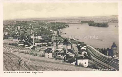 AK / Ansichtskarte RueDESHEIM am Rhein Hessen Hindenburgbruecke Rhein Weinberge Stadtpanorama Bahnlinie Rheingau Weinbrennerei-Asbach