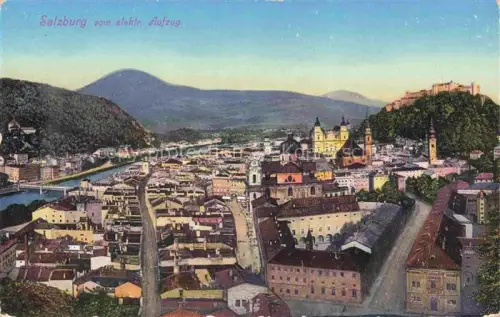 AK / Ansichtskarte SALZBURG  AT Elektrischer-Aufzug Festung-Hohensalzburg Dom Kollegienkirche Salzach Altstadt Berge handkoloriert
