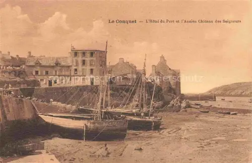 AK / Ansichtskarte Le Conquet BREST 29 Finistere Hôtel-du-Port Château-des-Seigneurs Hafen Segelboote Ebbe Kai Festung