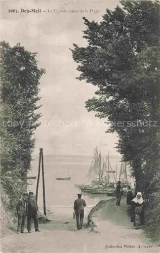 AK / Ansichtskarte Beg-Meil Fouesnant Quimper 29 Finistere Chemin-creux-de-la-Plage Weg Baeume Meer Segelboote Fischer Bretonen Sandweg