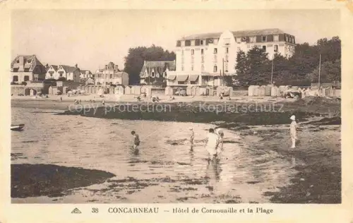 AK / Ansichtskarte CONCARNEAU Quimper 29 Finistere Hôtel-de-Cornouaille Plage Strand Badegaeste Strandkabinen Kinder Meer