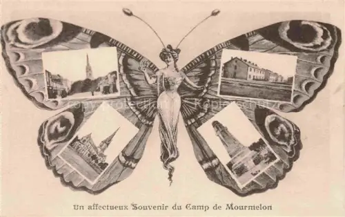 AK / Ansichtskarte Mourmelon-le-Grand Chalons-en-Champagne 51 Marne Camp-de-Mourmelon Schmetterling Mehrbildkarte Frau Kirche Kaserne Turm Souvenir