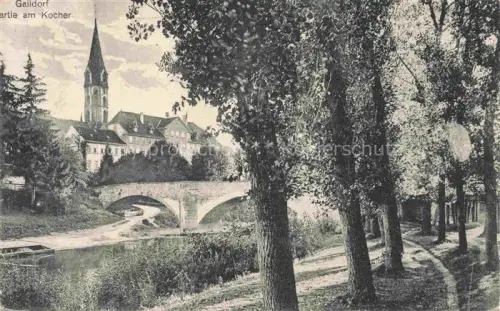 AK / Ansichtskarte Gaildorf Schwaebisch-Hall BW Partie-am-Kocher Kocher Bruecke Kirchturm Baeume Weg Fluss