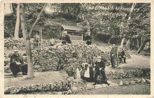 AK / Ansichtskarte Bad Abbach Bayern Schwefelquelle Steinmauer Wald Kurgaeste Kurpark Personen Quelle