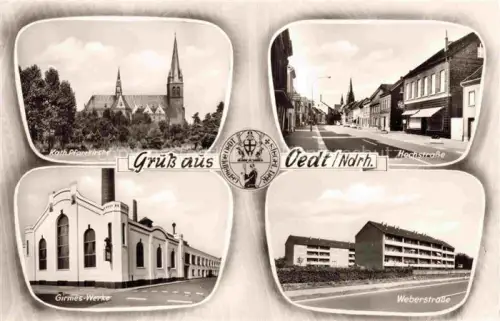 AK / Ansichtskarte Oedt Grefrath Niederrhein NRW Kath-Pfarrkirche Hochstrasse Girmes-Werke Weberstrasse Mehrbildkarte Strassenszene Fabrik