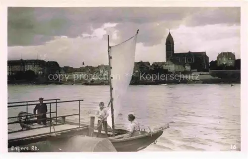 AK / Ansichtskarte Engers Rhein Neuwied Rheinland-Pfalz Rhein Segelboot Kirche Stadtansicht Fluss Matrosen