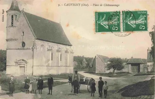 AK / Ansichtskarte Cauvigny BEAUVAIS 60 Oise Place-de-Châteaurouge Kirche Kinder Esel Wagen Dorf
