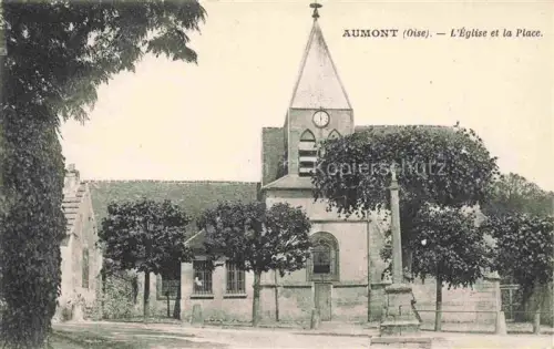 AK / Ansichtskarte Aumont-en-Halatte SENLIS 60 Oise Eglise Place Kirchturm Uhr Kreuz Baeume Marktplatz