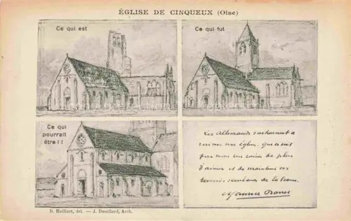AK / Ansichtskarte Cinqueux CLERMONT 60 Oise Kirche Zeichnung Kriegsschaeden Rekonstruktion Kirchturm Architekturzeichnung
