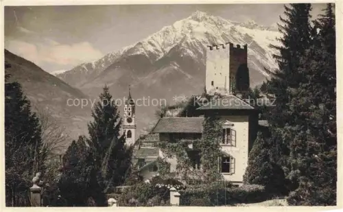 AK / Ansichtskarte MERANO Meran IT Kirchturm Burgturm Villa Baeume Berge Schnee Alpen
