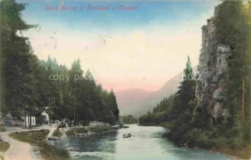 AK / Ansichtskarte KARLOVY VARY Karlsbad CZ Hans-Heiling Eger-Fluss Felsen Wald Boot Flussschlucht Restaurant-Poessl