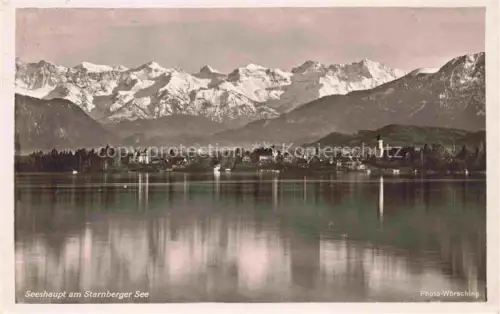 AK / Ansichtskarte Seeshaupt Starnberger See Bayern Starnberger-See See Alpen Kirchturm Ortschaft Spiegelung Schneegipfel