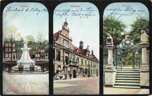 AK / Ansichtskarte Leiden Zuid-Holland NL Fontein Stadhuis Burcht Brunnen Rathaus Burg koloriert