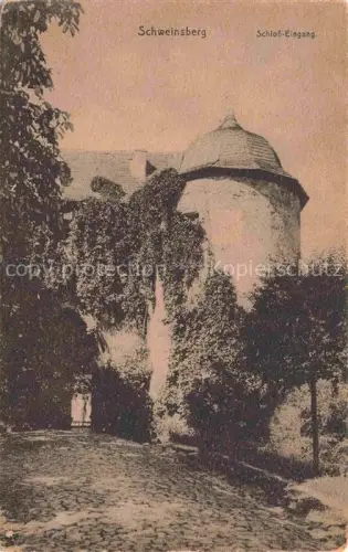 AK / Ansichtskarte Schweinsberg Stadtallendorf Hessen Schloss-Eingang Turm Efeu Kopfsteinpflaster Burg Rundturm
