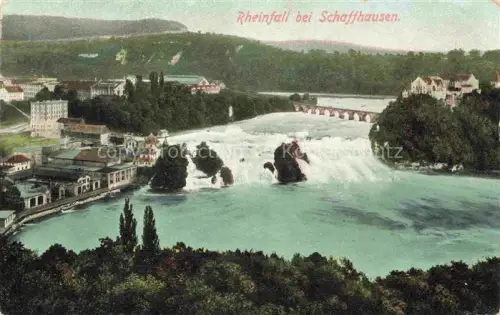 AK / Ansichtskarte SCHAFFHAUSEN  SH Rheinfall Rhein Wasserfall Felsen Bruecke Stadtansicht Baeume