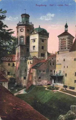 AK / Ansichtskarte AUGSBURG  Bayern Rotes-Tor Torturm Hof Brunnen Garten Tuerme Historisches-Stadttor