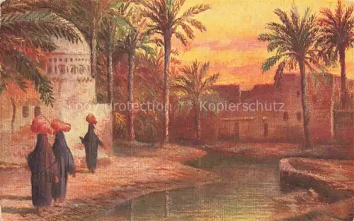 AK / Ansichtskarte Marg Cairo Egypt Palmen Sonnenuntergang Kanal Moschee Araberinnen Orientalische-Szene Gemaelde