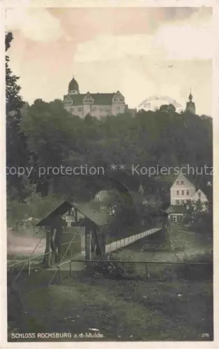 AK / Ansichtskarte Schloss Rochsburg Lunzenau Sachsen Schloss-Rochsburg Mulde Bruecke Haengebruecke Turm Wald Wohnhaus