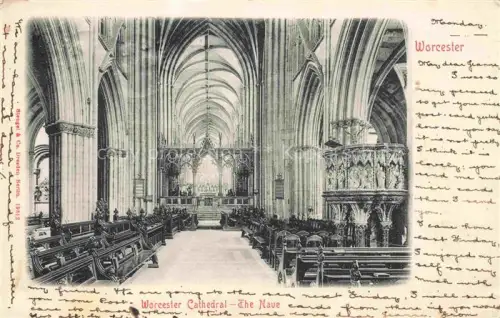 AK / Ansichtskarte Cathedral Worcester Worcester-Cathedral Nave Kirchenschiff Gewoelbe Chor Saeulen Kirchenbaenke Kanzel