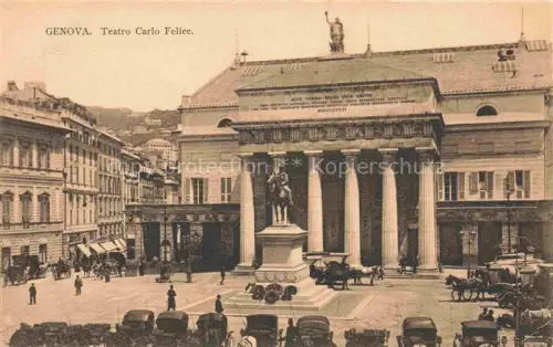 AK / Ansichtskarte CAMOGLI Liguria IT Teatro-Carlo-Felice Reiterdenkmal Saeulenportal Platz Strassenszene Pferdefuhrwerke Passanten Geschaefte