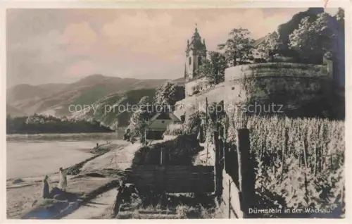 AK / Ansichtskarte Duernstein Wachau Niederoesterreich AT Donau Stift Kirchturm Weinberg Ufermauer Wachau Berge Frau