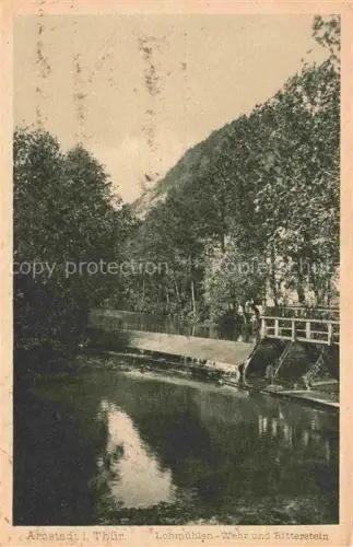 AK / Ansichtskarte Arnstadt Ilm Thueringen Lohmuehlen-Wehr Ritterstein Fluss Wehr Bruecke Baeume Gera