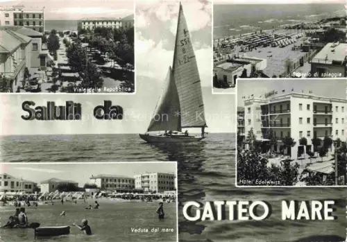 AK / Ansichtskarte GATTEO MARE IT Viale-delle-Repubblica Scorcio-di-spiaggia Hotel-Edelweiss Veduta-dal-mare Segelboot Strand Meer