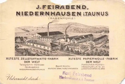 AK / Ansichtskarte Niedernhausen  Taunus Rabenmuehle Zellstoffwatte-Fabrik Papierwolle-Fabrik Fabrikanlage Schornstein Werbung Feirabend